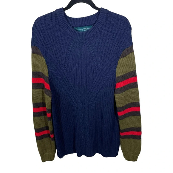 Perry Ellis Mens Merino Wool Blend Cable Knit Sweater pullover large striped - Picture 1 of 8